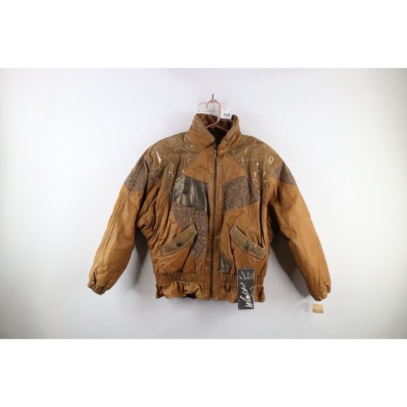 Deadstock Vintage 90s Streetwear Womens Large Patchwork Leather Bomber Jacket